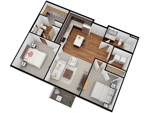 Floor plan for 2 beds, 2 baths, 1020 sqft
